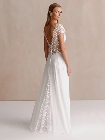 ボヘミアンウェディングドレス Vネック 半袖 トレーン付き レースブライダルガウン