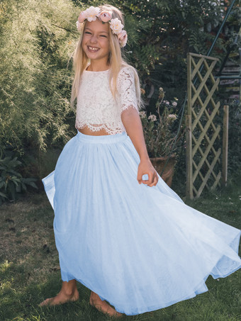 ベビーブルーツーピースウェディングフラワーガールドレス特別な機会のドレスピンク半袖レース