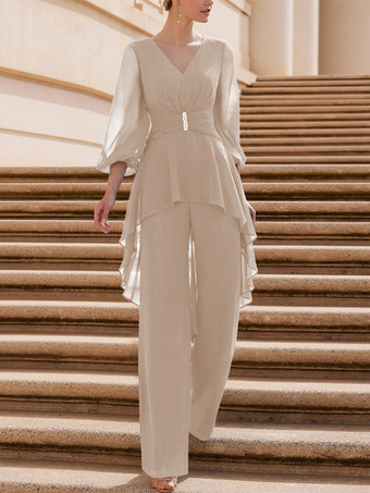 バニラクリームブライダルマザードレス Vネック 半袖 ジャンプスーツ フリル 床長さのゲストドレス 結婚式用