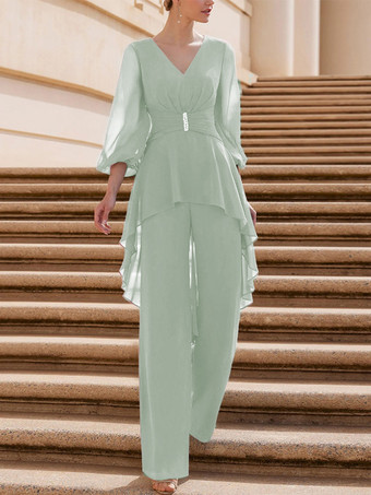 セージグリーンブライダルマザードレス Vネック 半袖 ジャンプスーツ フリル 床長さのゲストドレス 結婚式用