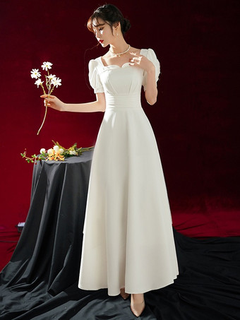 ショートウェディングドレス スクエアネック 半袖 Aライン ティーレングス ブライダルドレス 無料カスタマイズ