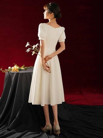 ショートウェディングドレス スクエアネック 半袖 Aライン ティーレングス ブライダルドレス 無料カスタマイズ
