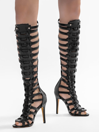 ブラックグラディエーターサンダル ハイヒール オープントゥ バックルディテール サンダルシューズ