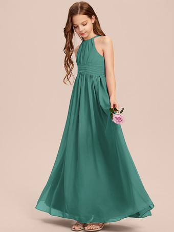 ブルーグリーンホワイトフラワーガールドレス 特別な機会のドレス アイボリーシフォン ノースリーブ デザインネックライン フラワーガールドレス