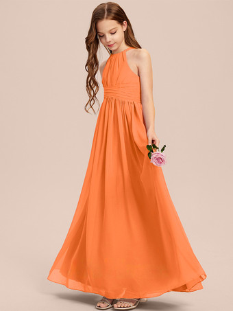 オレンジホワイトフラワーガールドレス 特別な機会のドレス アイボリーシフォン ノースリーブ デザインネックライン フラワーガールドレス