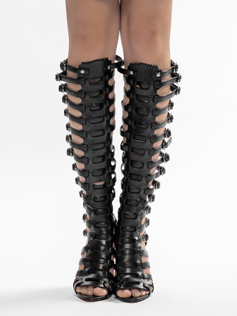 ブラックグラディエーターサンダル ハイヒール オープントゥ バックルディテール サンダルシューズ