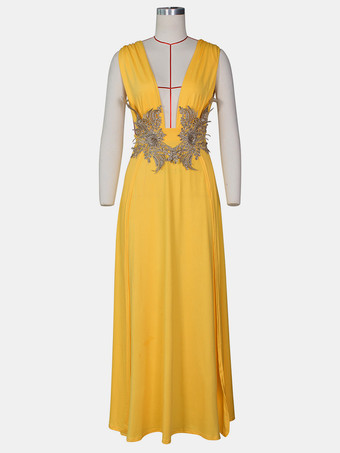 プロムドレス Vネック 刺繍 ハイスリット セミフォーマル ロングドレス