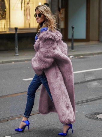 ノッチ付きラペル付きフェイクファーコート 無地 環境に優しい冬用ロングジャケット レディース 2025