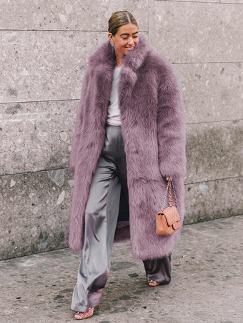 ノッチ付きラペル付きフェイクファーコート 無地 環境に優しい冬用ロングジャケット レディース 2025