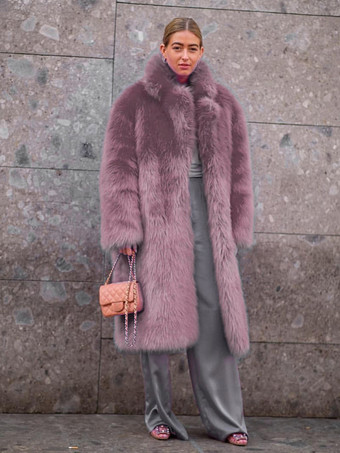 ノッチ付きラペル付きフェイクファーコート 無地 環境に優しい冬用ロングジャケット レディース 2025