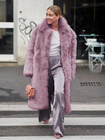 ノッチ付きラペル付きフェイクファーコート 無地 環境に優しい冬用ロングジャケット レディース 2025