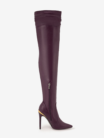 バーガンディのオーバーニーブーツ、尖ったつま先、バックルディテール、スティレットヒール、セクシーなサイハイブーツ