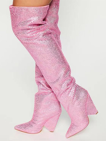 ピンク女性のブーツラインストーン特別な形のかかと先のとがったつま先灰色の膝の高いブーツ