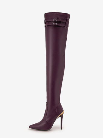 Burgundy Over The Knee Boots Pointed Toe Buckle Detail Stiletto Heel Sexy Thigh High Boots