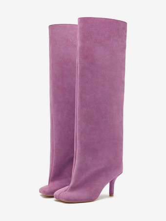 ローズレッドスエードニーハイブーツ ワイドカーフ レディース スクエアトゥデザイン ハイヒールブーツ