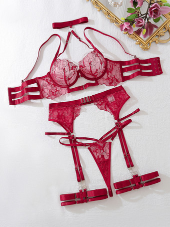 ワインレッド セクシーランジェリー 3ピース ブラック 大人用 ブラ パンティ セット