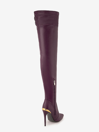 バーガンディのオーバーニーブーツ、尖ったつま先、バックルディテール、スティレットヒール、セクシーなサイハイブーツ