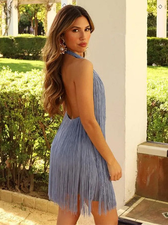 タッセルフリンジミニドレス（オープンバック、ホルターネック）2025年パーティー向け