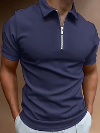 ダークネイビーメンズ ポロシャツ ターンダウンカラー 半袖 ジッパー レギュラーフィット Tシャツ