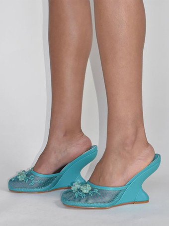 ブルー レディース ウェッジサンダル メッシュ ラウンドトゥ フラワー バックレス ウェッジミュール