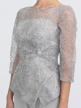 花嫁の母のためのパーティードレス。イリュージョンネックライン、7分袖、ツーピース、レース、フロアレングス、結婚式用ゲストドレス。