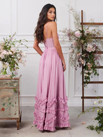 ピンクのレイヤードフリルマキシパーティードレス ハイスリットストラップドレス 2025