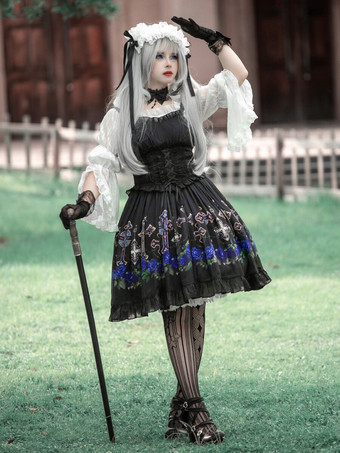 ゴシック ロリータ ドレス フリル レースアップ 花柄 ブラック ブラック