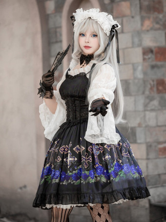 ゴシック ロリータ ドレス フリル レースアップ 花柄 ブラック ブラック