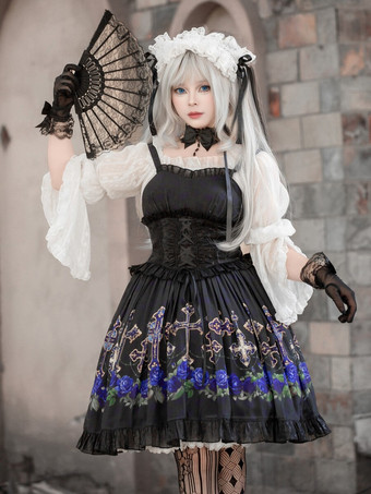 ブラック ゴシック ロリータ ドレス フリル レースアップ 花柄 ブラック ブラック