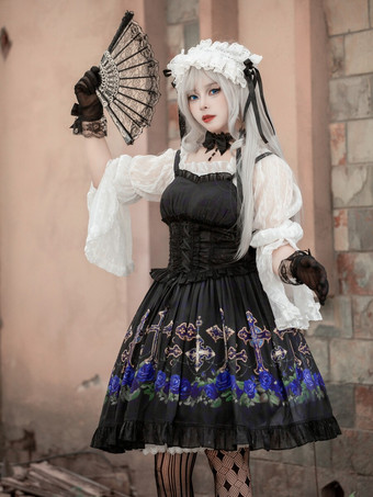 ゴシック ロリータ ドレス フリル レースアップ 花柄 ブラック ブラック