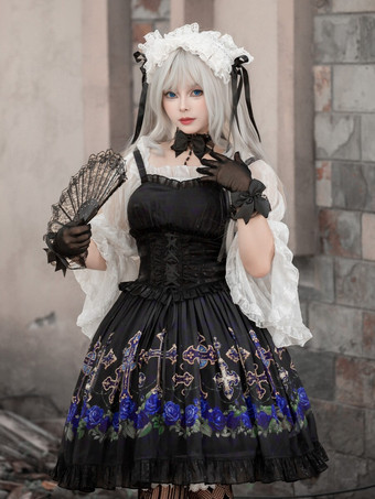 ゴシック ロリータ ドレス フリル レースアップ 花柄 ブラック ブラック