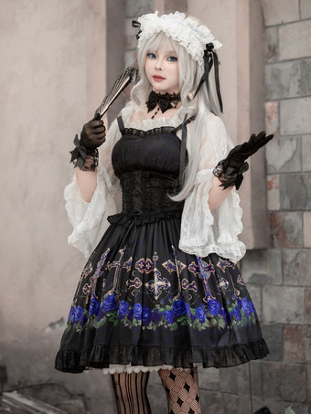 ゴシック ロリータ ドレス フリル レースアップ 花柄 ブラック ブラック