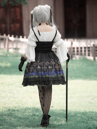 ゴシック ロリータ ドレス フリル レースアップ 花柄 ブラック ブラック