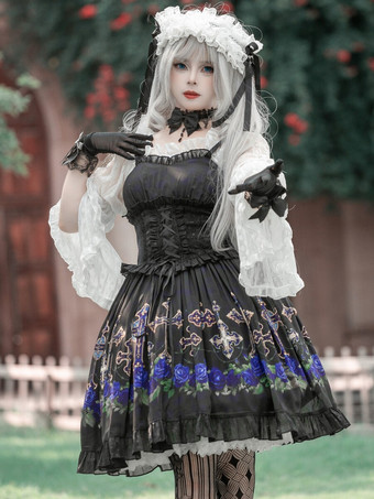 ゴシック ロリータ ドレス フリル レースアップ 花柄 ブラック ブラック