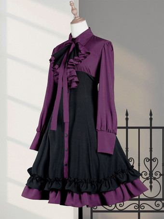 ゴシックロリータ ワンピース フリル オフェリー 長袖 ワンピース かわいい 膝丈 暗黒系 黒 赤