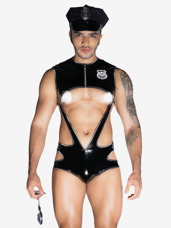ブラック メンズ セクシー コスチューム ポリスマン キャップ レイブ クラブ ポリエステル ジャンプスーツと帽子