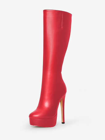 レッド ブラック プラットフォーム ニーハイブーツ ラウンドトゥ ハイヒールブーツ
