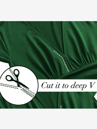 半袖パーティードレス Vネック エンパイアウエスト スリット エレガント マキシドレス ワインレッド