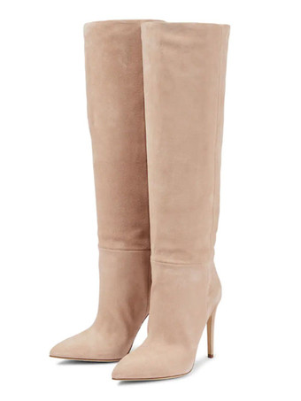 サーモンピンクスエードニーハイブーツ女性ポインテッドトゥハイヒールニーブーツ