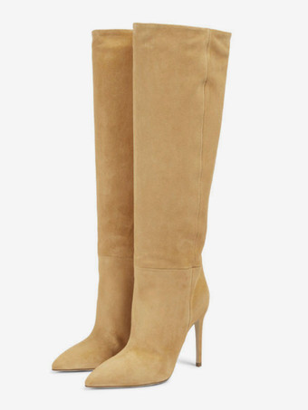スエードニーハイブーツ女性ポインテッドトゥハイヒールニーブーツ