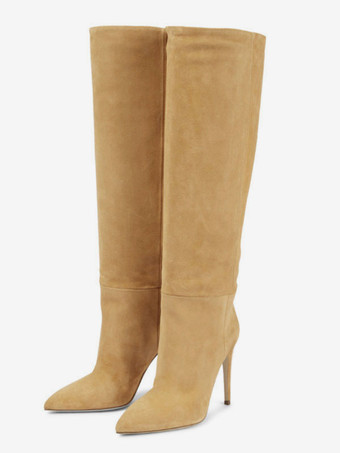 スエードニーハイブーツ女性ポインテッドトゥハイヒールニーブーツ