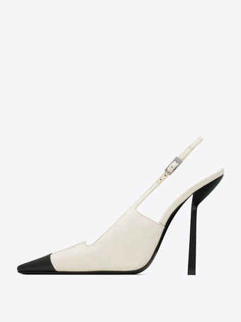 サテン スリングバック パンプス ブラック スクエア トゥ スティレット ヒール パンプス