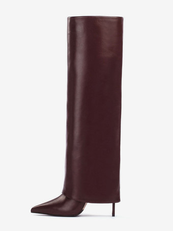 バーガンディーブラック ポインテッド トゥ フォールドオーバー ニーハイ ブーツ