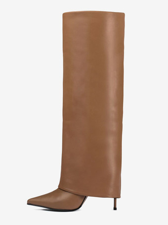 ブラウンブラック ポインテッド トゥ フォールドオーバー ニーハイ ブーツ