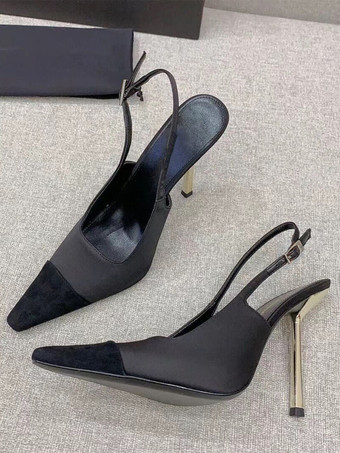 サテン スリングバック パンプス ブラック スクエア トゥ スティレット ヒール パンプス