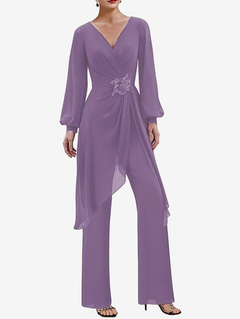 ラベンダージャンプスーツ マザードレス Vネック 長袖 アップリケ ウェディングゲストドレス