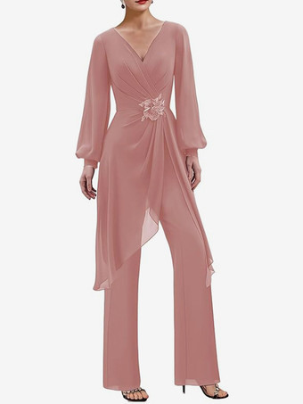 サーモンピンクジャンプスーツ マザードレス Vネック 長袖 アップリケ ウェディングゲストドレス