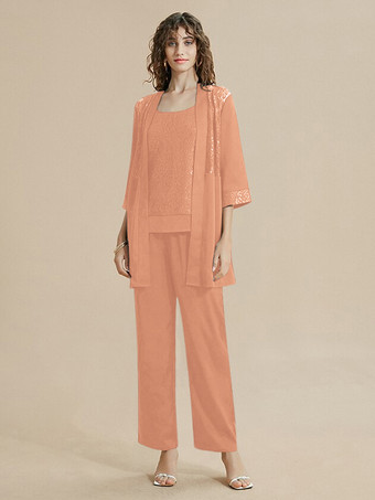 ピーチ ファズ花嫁の母ドレス ジュエルネック 7分袖 レース 足首丈 ゲストドレス 結婚式用