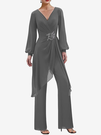 ダークグレー ジャンプスーツ マザードレス Vネック 長袖 アップリケ ウェディングゲストドレス