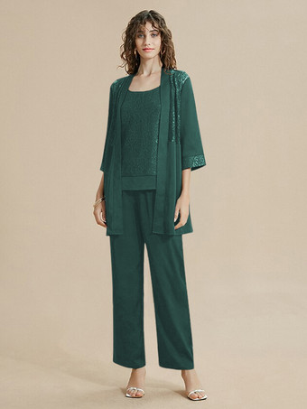 ダークグリーン花嫁の母ドレス ジュエルネック 7分袖 レース 足首丈 ゲストドレス 結婚式用